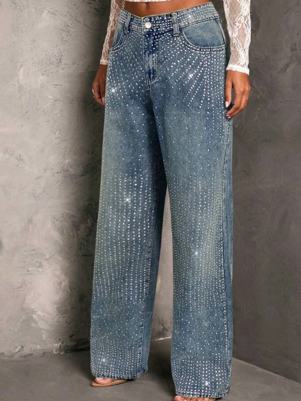 Rhinestone Embellished Wide-Leg Jeans - Blue - Picture 3 of 5